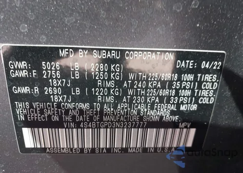 2022 Subaru Outback Touring Xt from USA, damaged, VIN 4S4BTGPD3N3237777